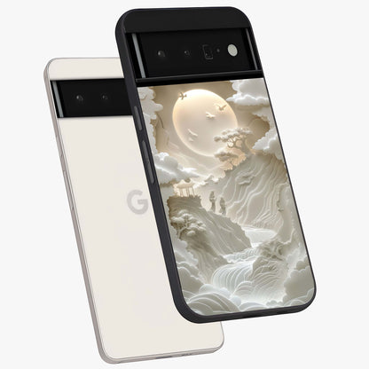 Celestial Origami Glass Case displayed in angled mockup highlighting geometric origami design with cosmic aesthetic theme.