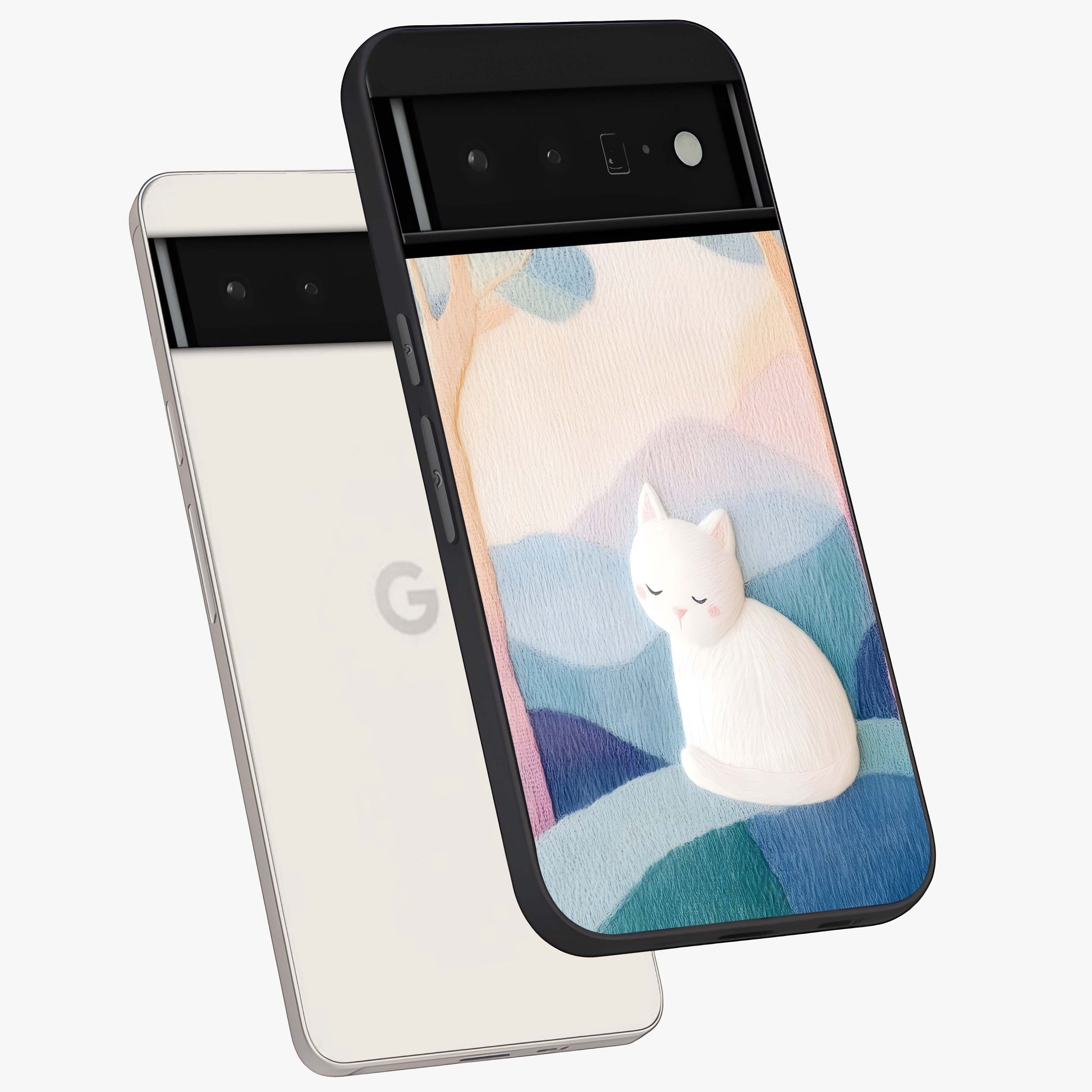 Cotton Dream Cat Glass Case displayed in angled mockup highlighting cute feline illustration with pastel aesthetic style.