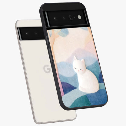 Cotton Dream Cat Glass Case displayed in angled mockup highlighting cute feline illustration with pastel aesthetic style.