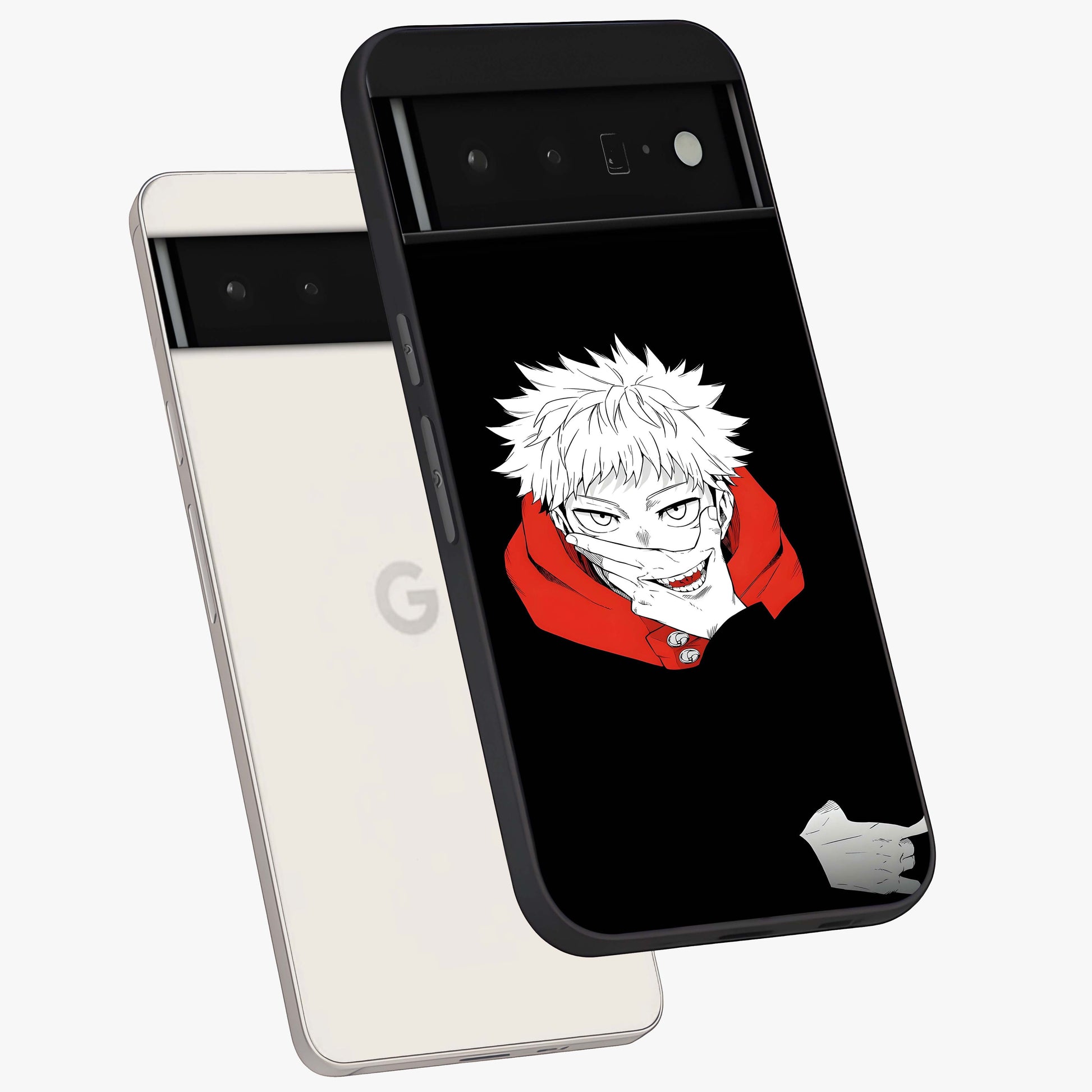 Crimson Chaos Smile Glass Case displayed in angled mockup highlighting edgy crimson smile design with graphic aesthetic.