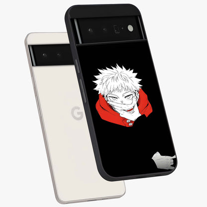 Crimson Chaos Smile Glass Case displayed in angled mockup highlighting edgy crimson smile design with graphic aesthetic.