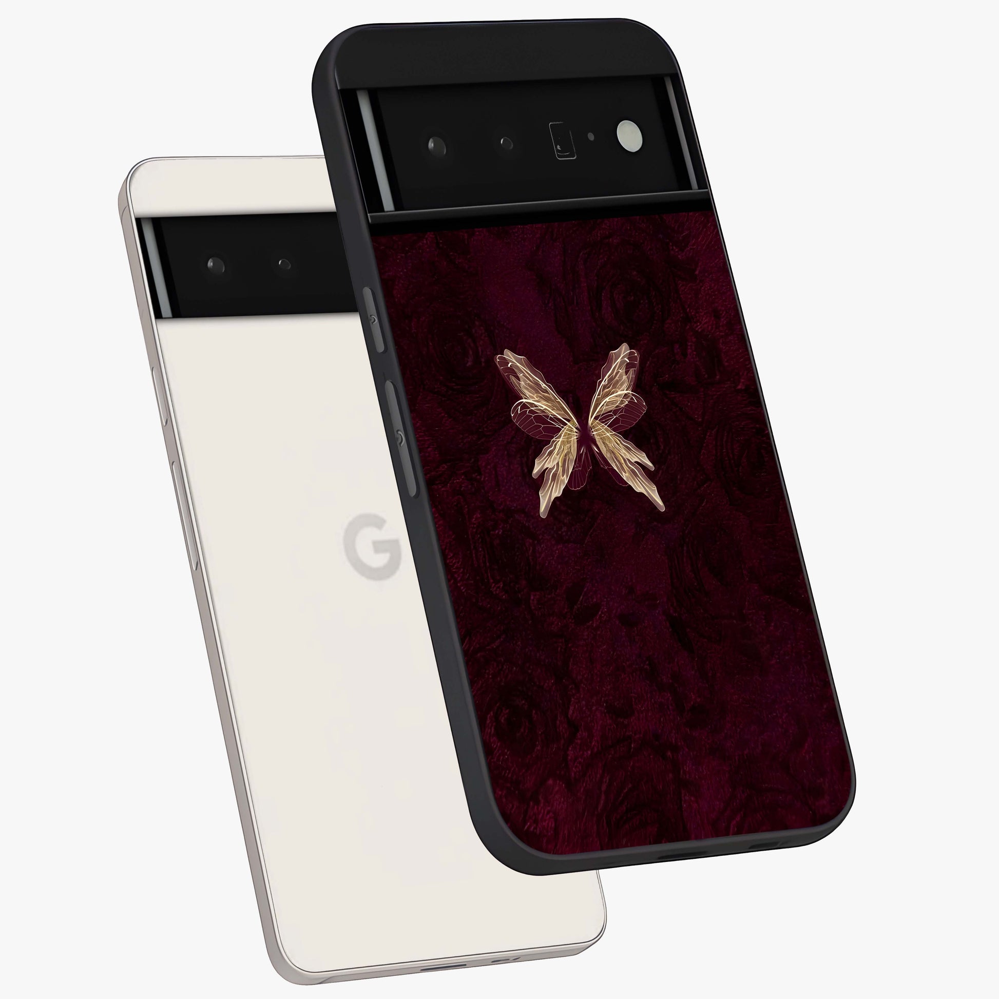 Crimson Fade Butterfly Glass Case displayed in angled mockup highlighting elegant butterfly design with crimson gradient aesthetic.