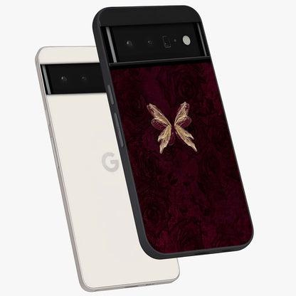 Crimson Fade Butterfly Glass Case displayed in angled mockup highlighting elegant butterfly design with crimson gradient aesthetic.
