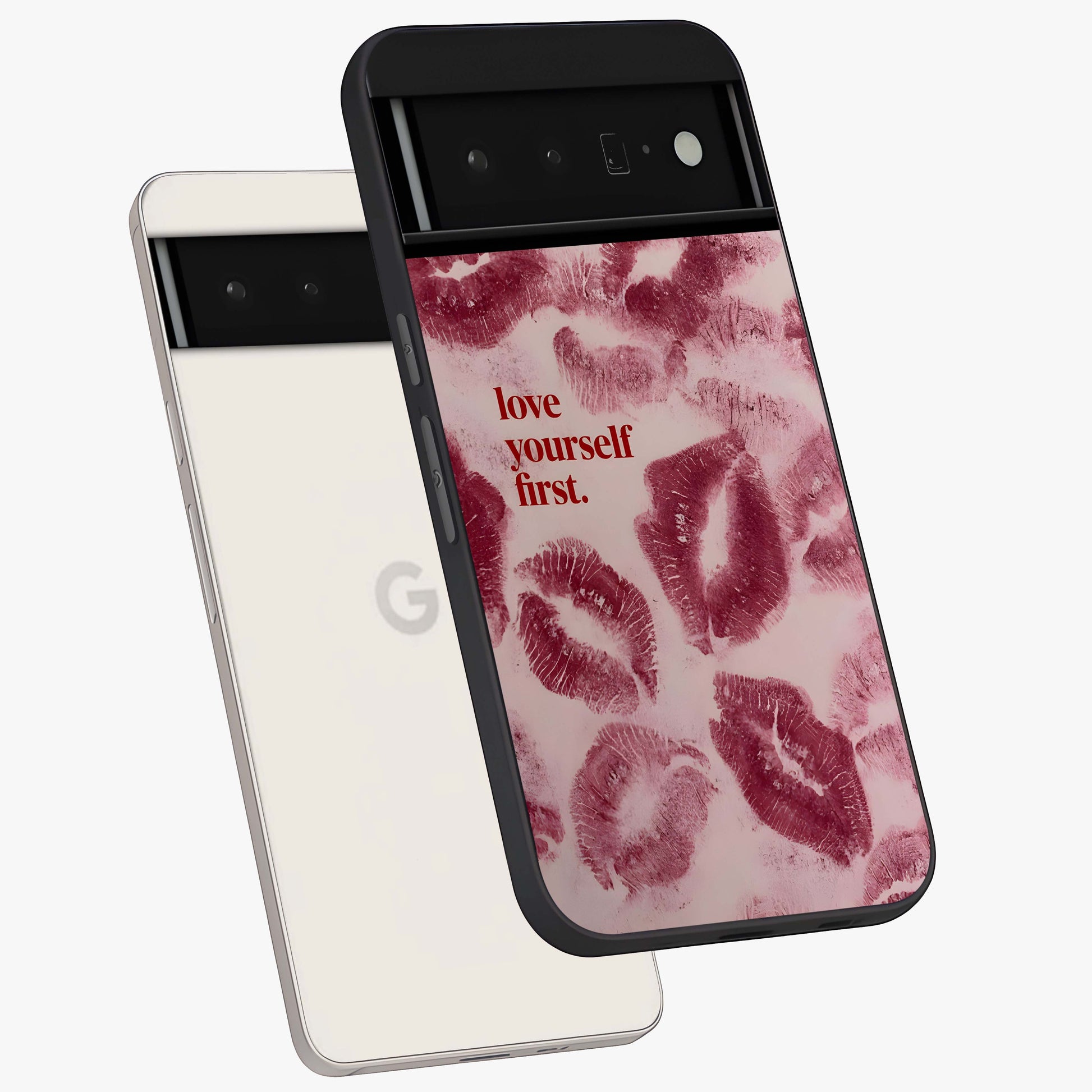 Crimson Kiss Love Glass Case displayed in angled mockup highlighting bold love inspired design with modern aesthetic style.