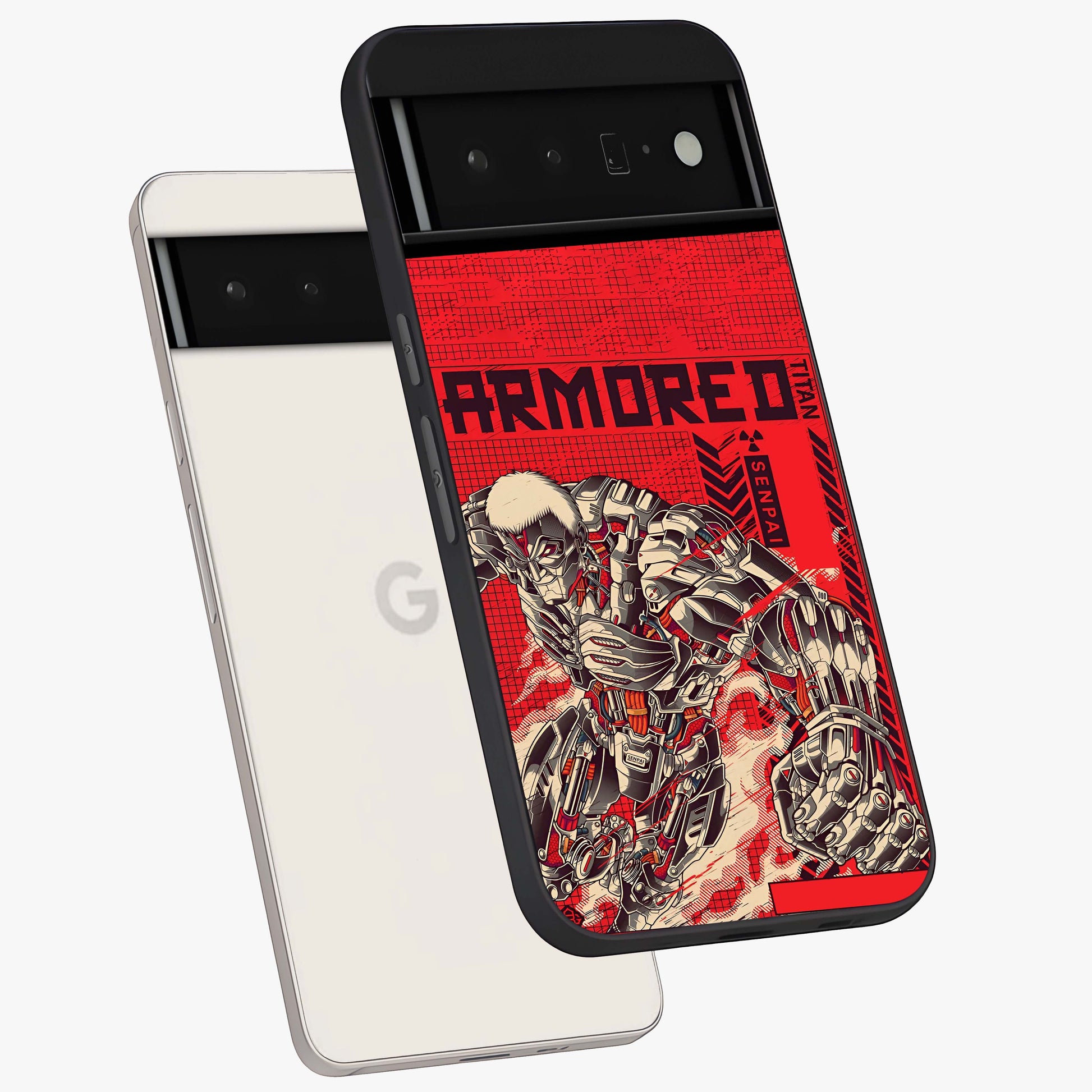 Crimson Mecha Titan Glass Case displayed in angled mockup highlighting futuristic mech illustration with bold crimson aesthetic.