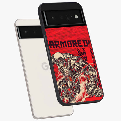 Crimson Mecha Titan Glass Case displayed in angled mockup highlighting futuristic mech illustration with bold crimson aesthetic.