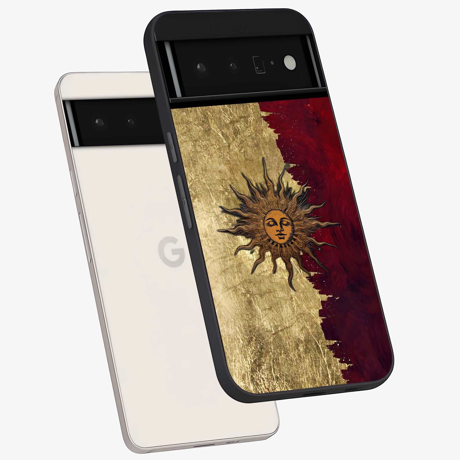 Crimson Sun Majesty Glass Case displayed in angled mockup highlighting majestic crimson sun design with bold aesthetic style.