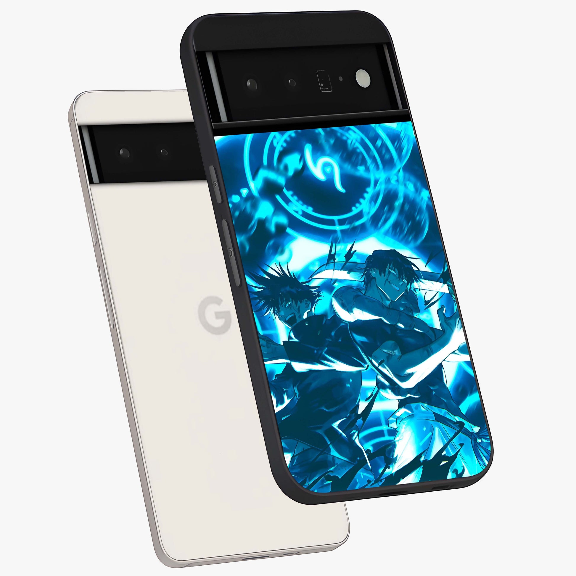 Cursed Energy Clash Glass Case displayed in angled mockup highlighting powerful battle inspired graphic with anime style aesthetic.