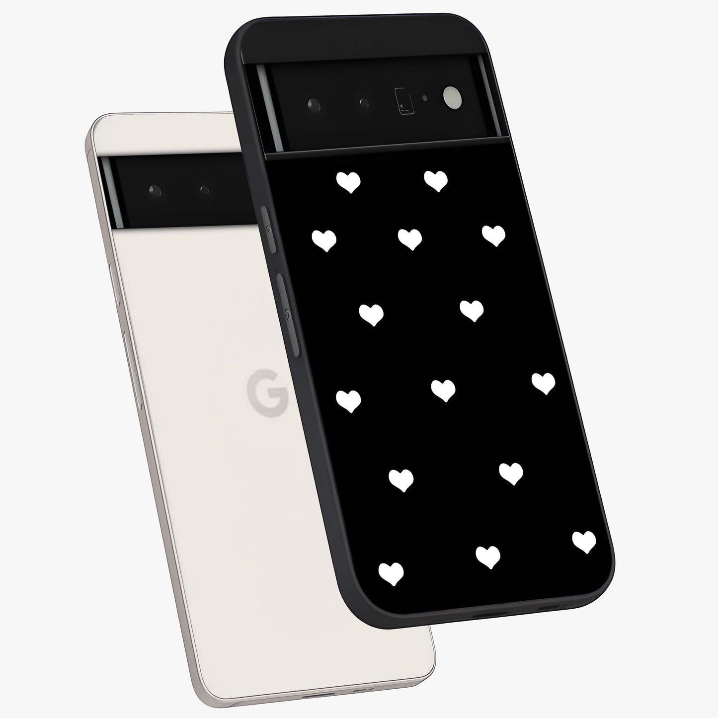 Cute And Simple White Hearts Glass Case displayed in angled mockup highlighting cute heart design with clean aesthetic style.
