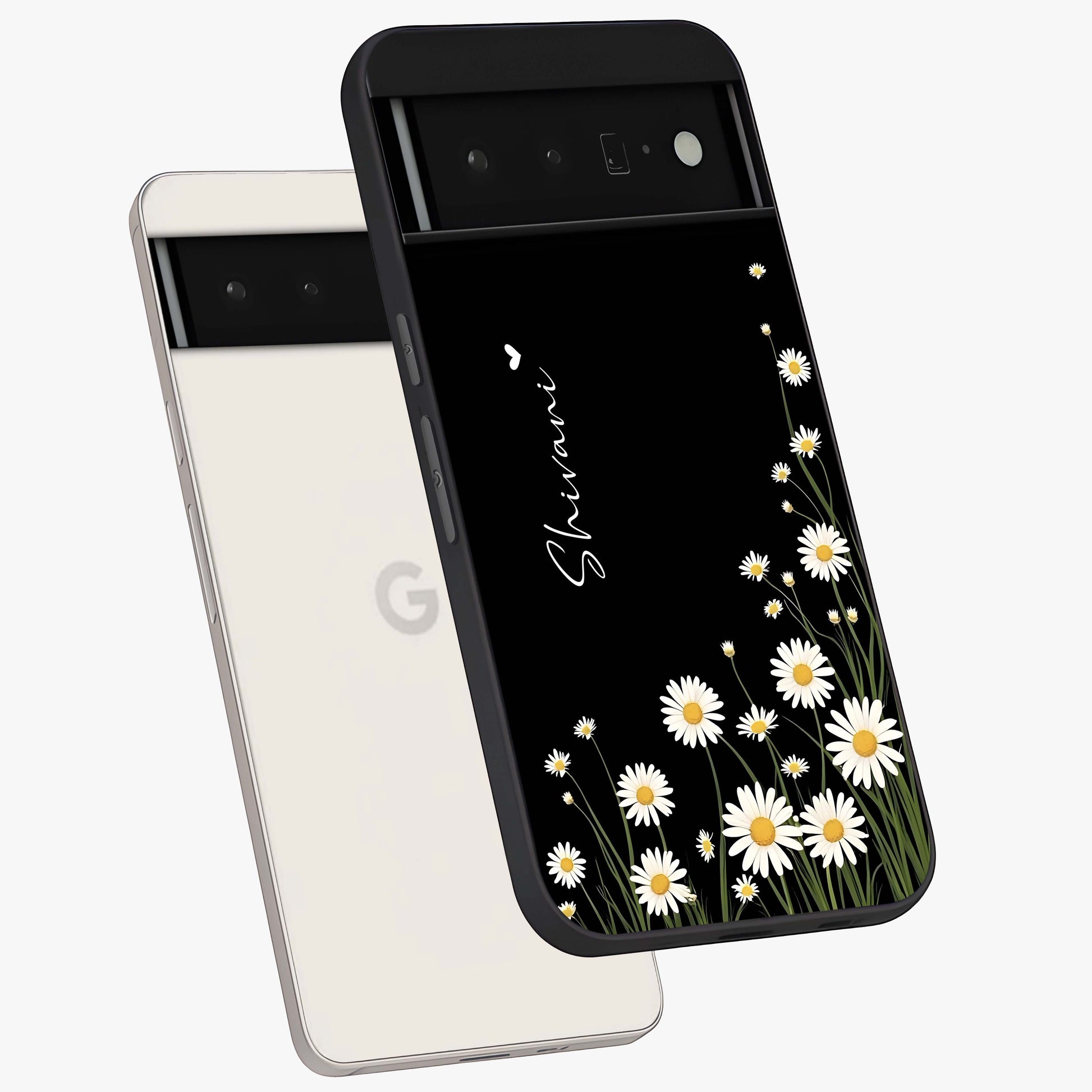 Daisy Cascade Custom Name Glass Case displayed in angled mockup highlighting delicate daisy artwork with custom name feature.