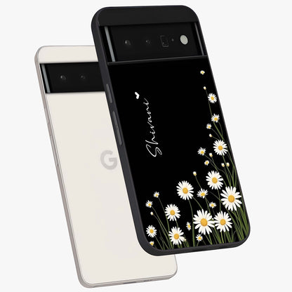 Daisy Cascade Custom Name Glass Case displayed in angled mockup highlighting delicate daisy artwork with custom name feature.