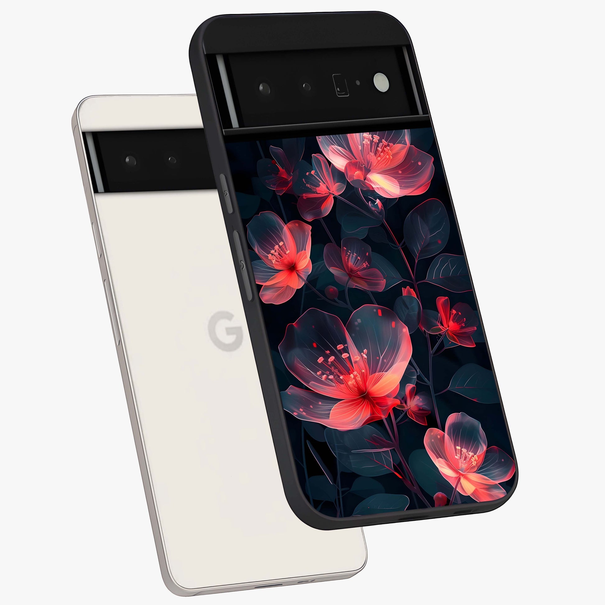 Dark Shade of Flower Glass Case displayed in angled mockup highlighting moody floral illustration with aesthetic dark tones.