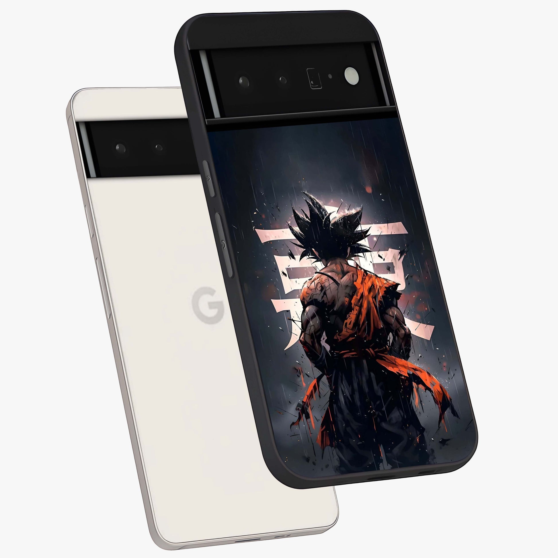 Dark Warrior In Rain Glass Case displayed in angled mockup highlighting dramatic warrior illustration with dark rain aesthetic.
