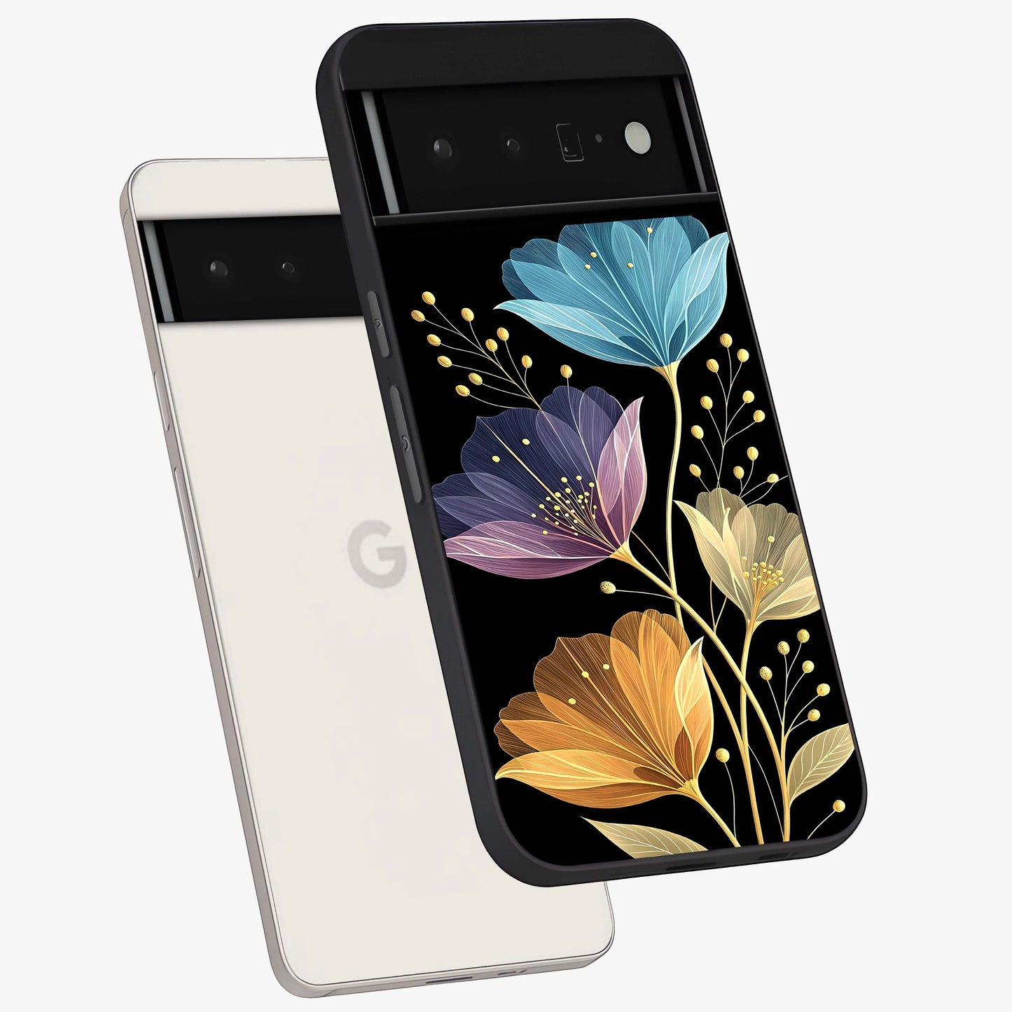 Delicate Multicolor Flowers Glass Case displayed in angled mockup highlighting colorful flower pattern with soft aesthetic style.