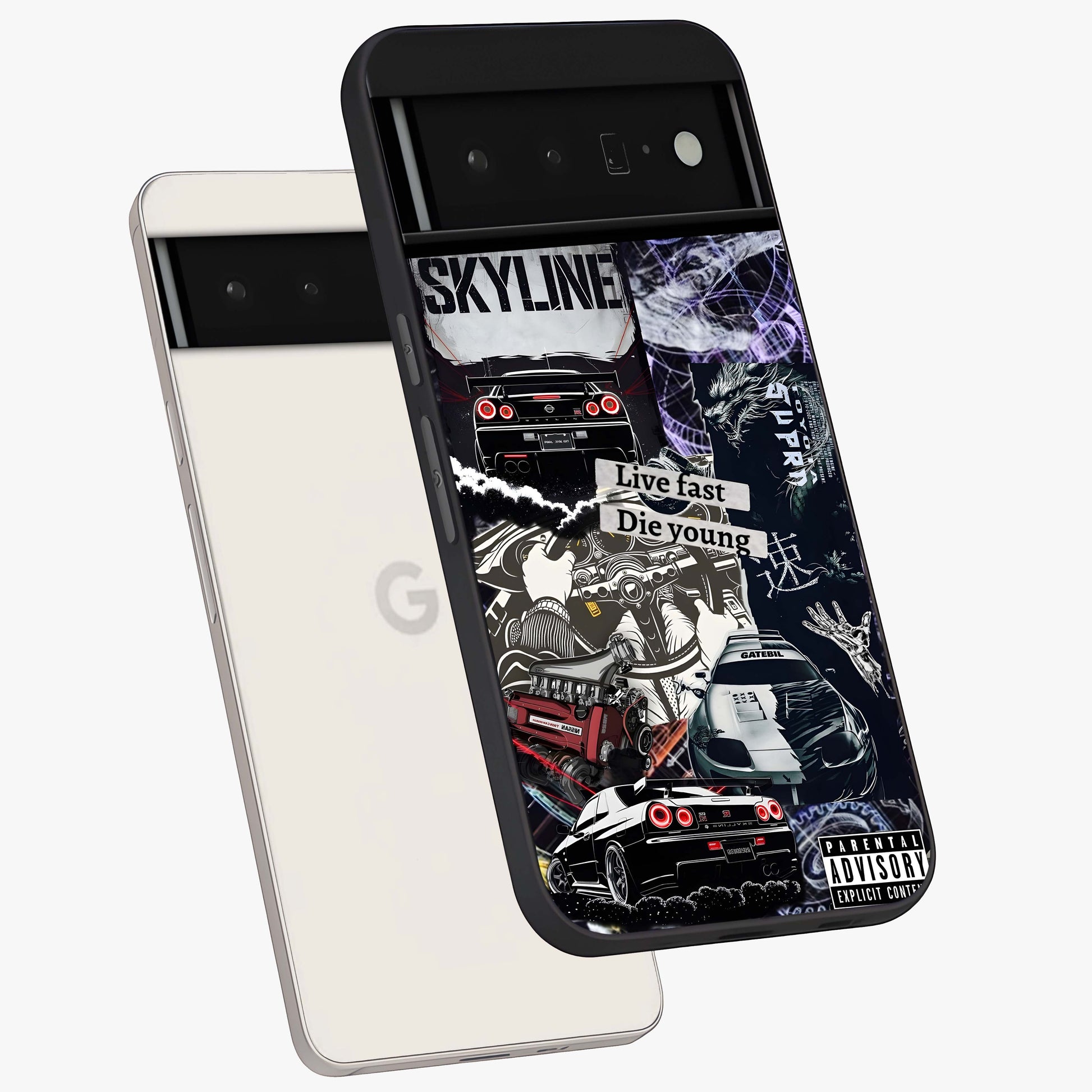 Die Young Glass Case displayed in angled mockup highlighting expressive graphic artwork with edgy aesthetic style.