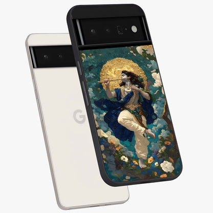Divine Krishna Art Glass Case displayed in angled mockup highlighting spiritual Krishna illustration with devotional aesthetic.