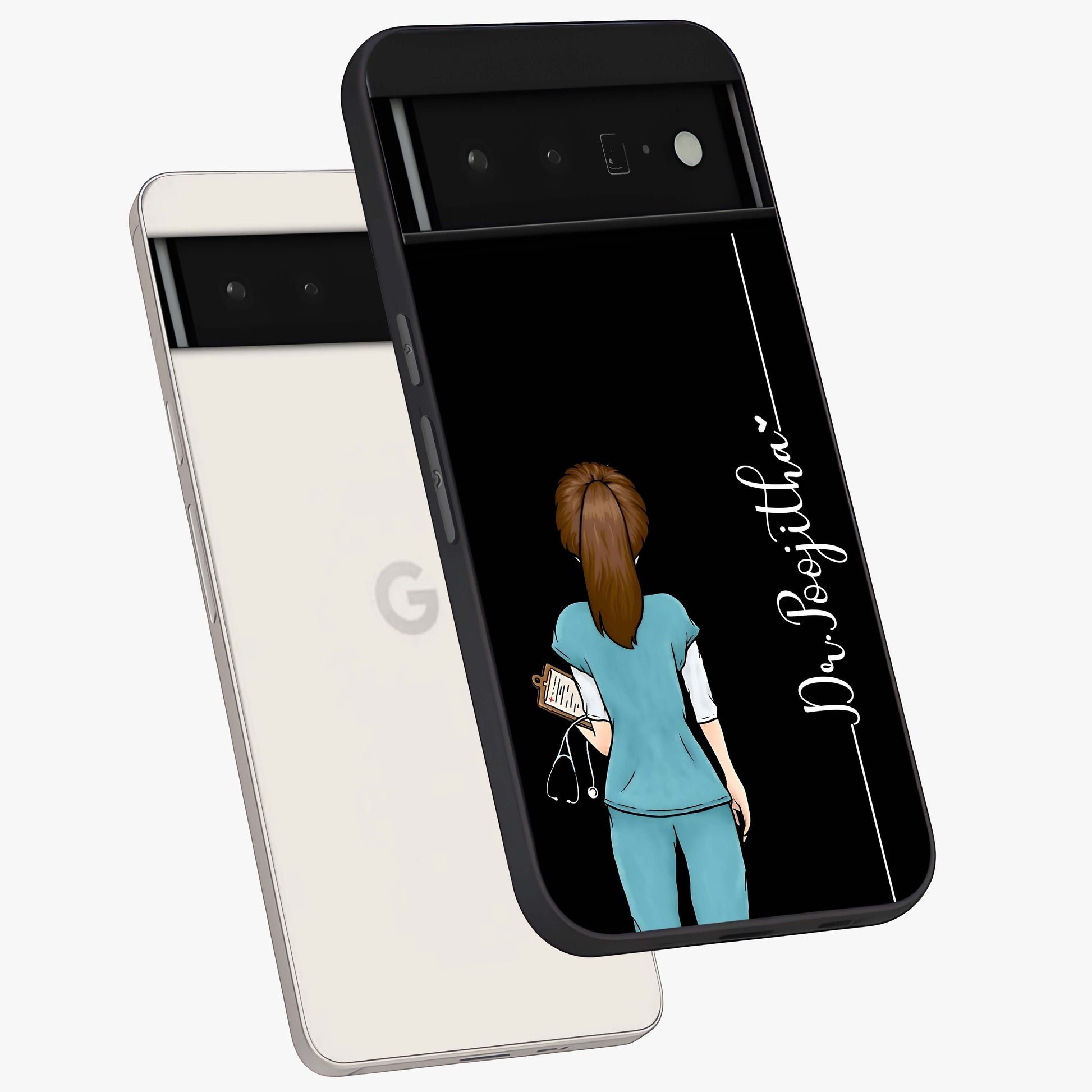 Doctor Pattern Custom Name Glass Case displayed in angled mockup highlighting doctor inspired artwork with custom name feature.
