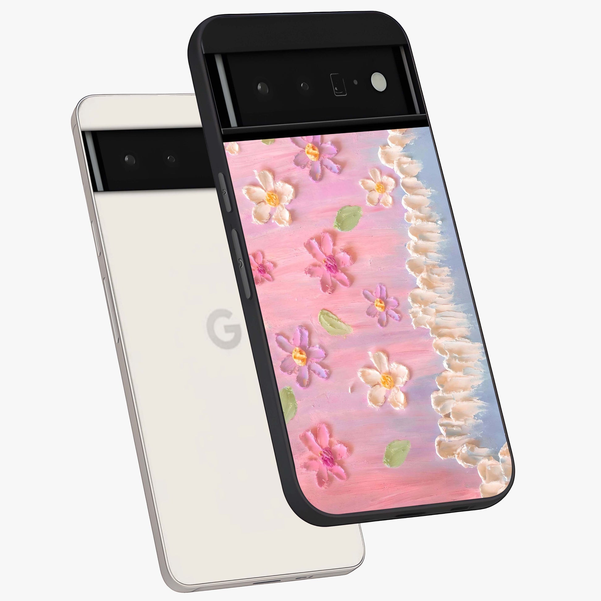 Dreamy Painted Garden Glass Case displayed in angled mockup highlighting colorful garden illustration with dreamy aesthetic style.