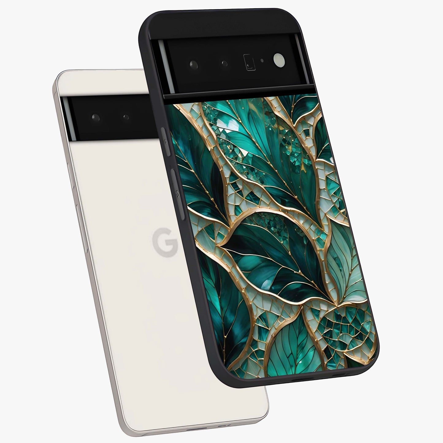 Emerald Leaf Glass Glass Case displayed in angled mockup highlighting botanical leaf illustration with elegant natural aesthetic.