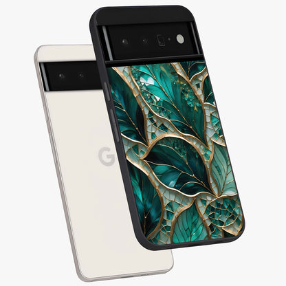 Emerald Leaf Glass Glass Case displayed in angled mockup highlighting botanical leaf illustration with elegant natural aesthetic.