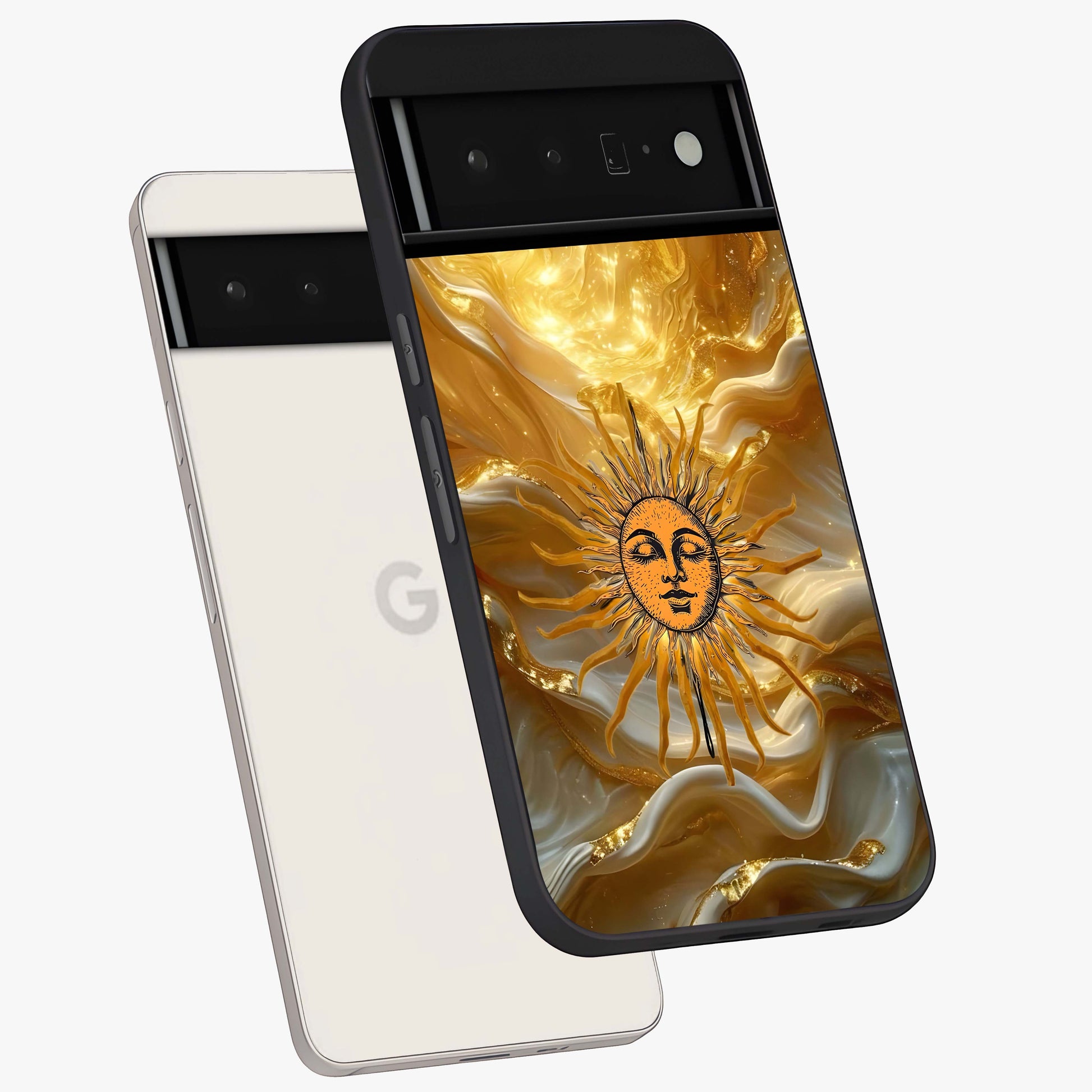 Eternal Golden Glow Glass Case displayed in angled mockup highlighting glowing golden aesthetic design with elegant style.