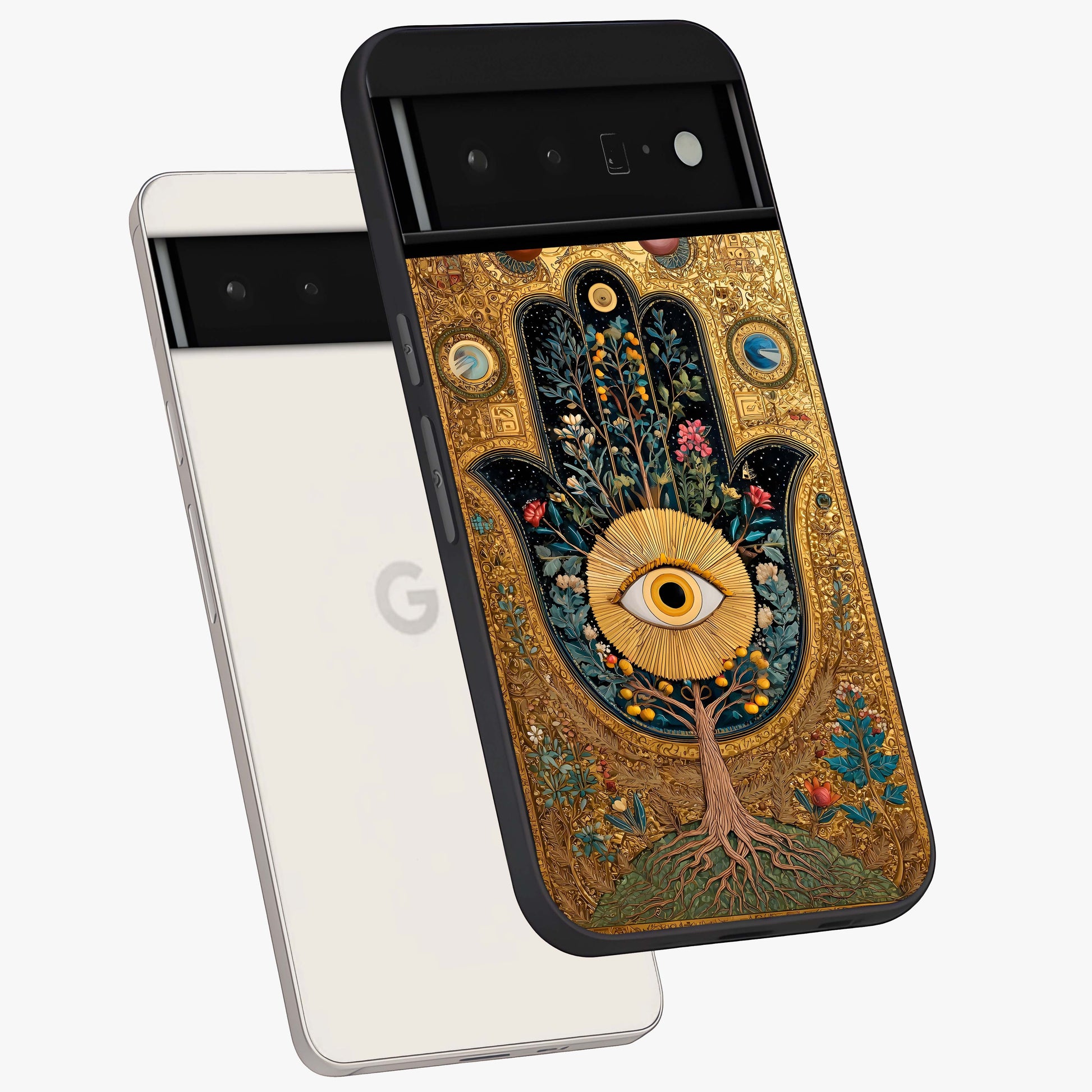 Ethereal Evil Eye Glass Case displayed in angled mockup highlighting protective evil eye symbol with spiritual aesthetic design.