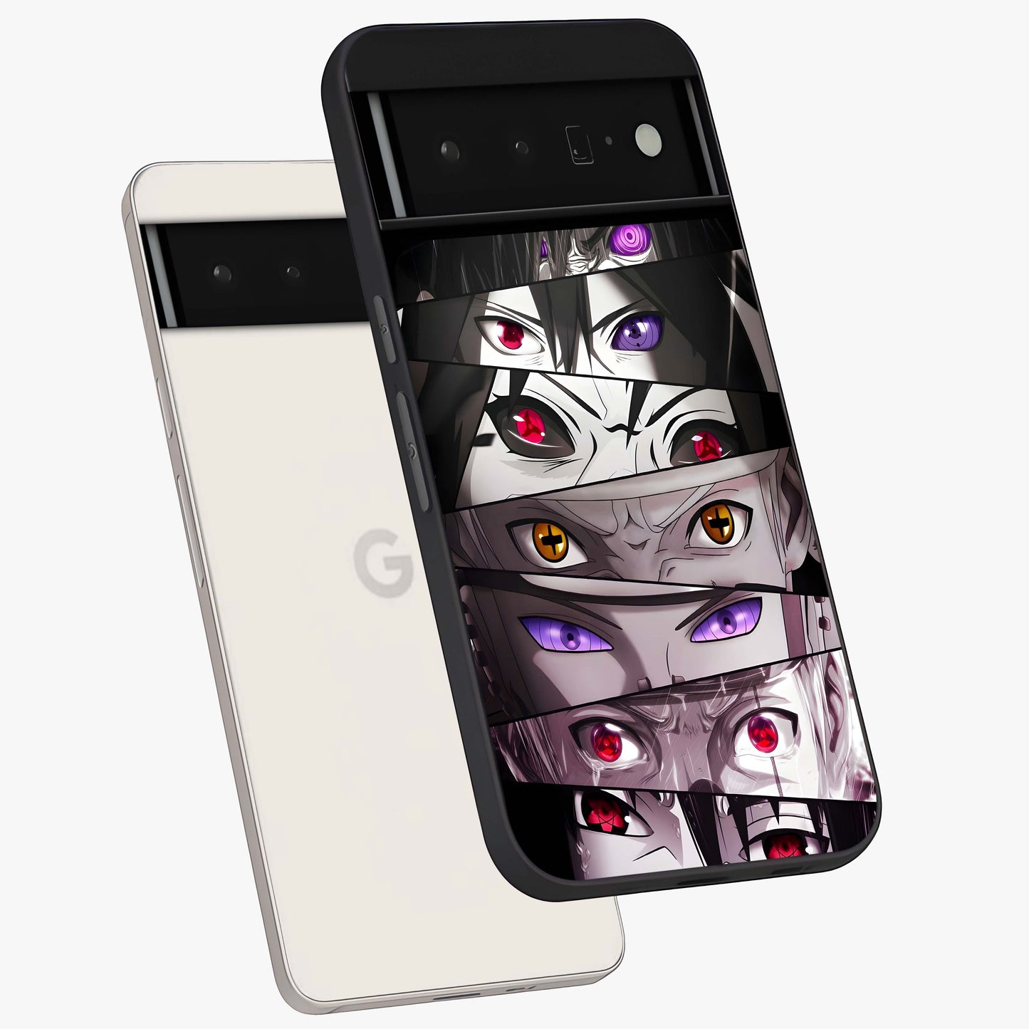 Eyes of Destiny Glass Case displayed in angled mockup highlighting bold eye illustration with mystical aesthetic style.