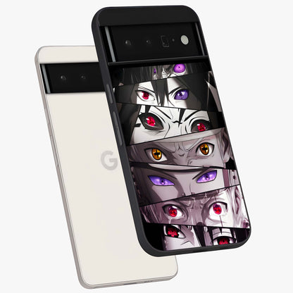 Eyes of Destiny Glass Case displayed in angled mockup highlighting bold eye illustration with mystical aesthetic style.