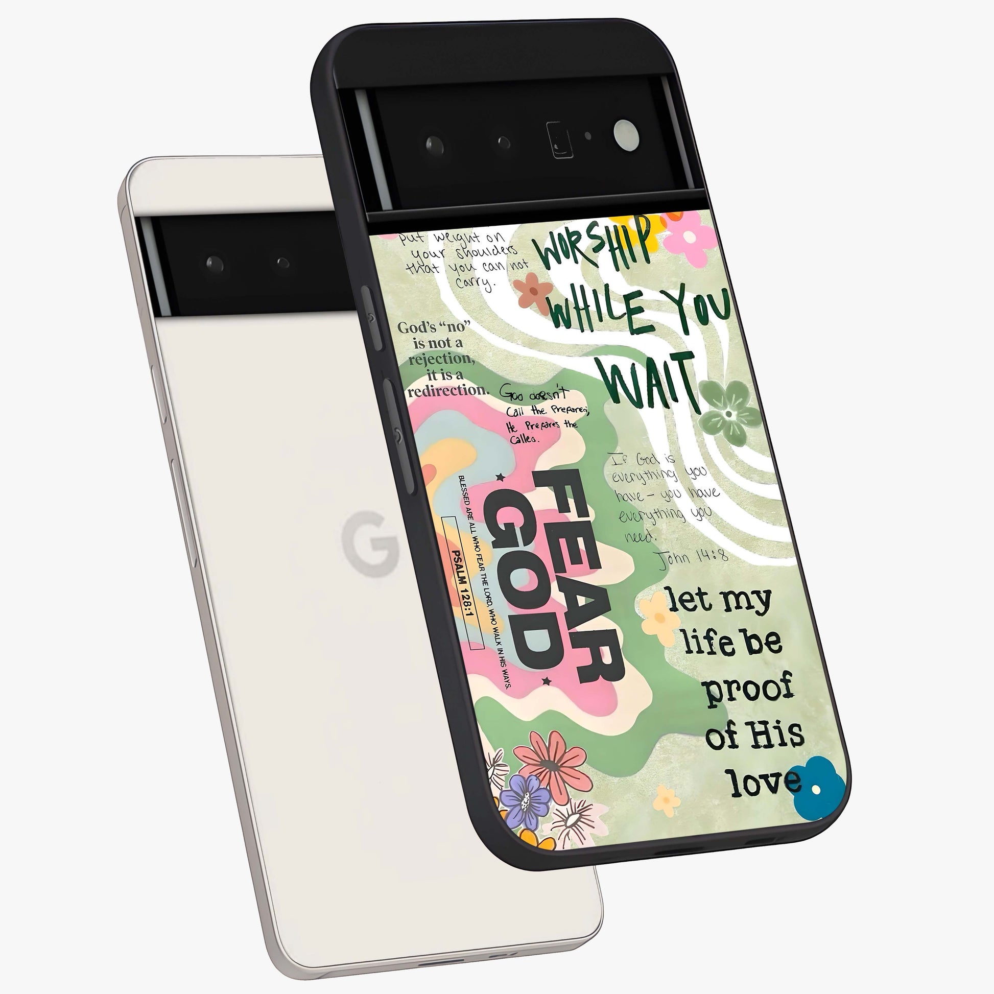 Faith Over Fear Glass Case displayed in angled mockup highlighting inspirational message design with modern aesthetic style.