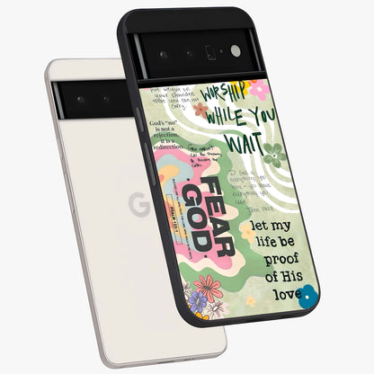 Faith Over Fear Glass Case displayed in angled mockup highlighting inspirational message design with modern aesthetic style.