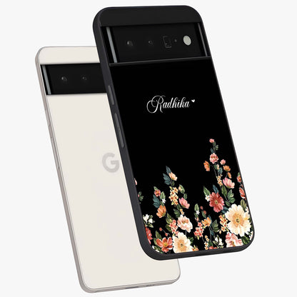 Floral Design With a Custom Personalized Name Glass Case displayed in angled mockup highlighting elegant floral pattern with custom name feature.