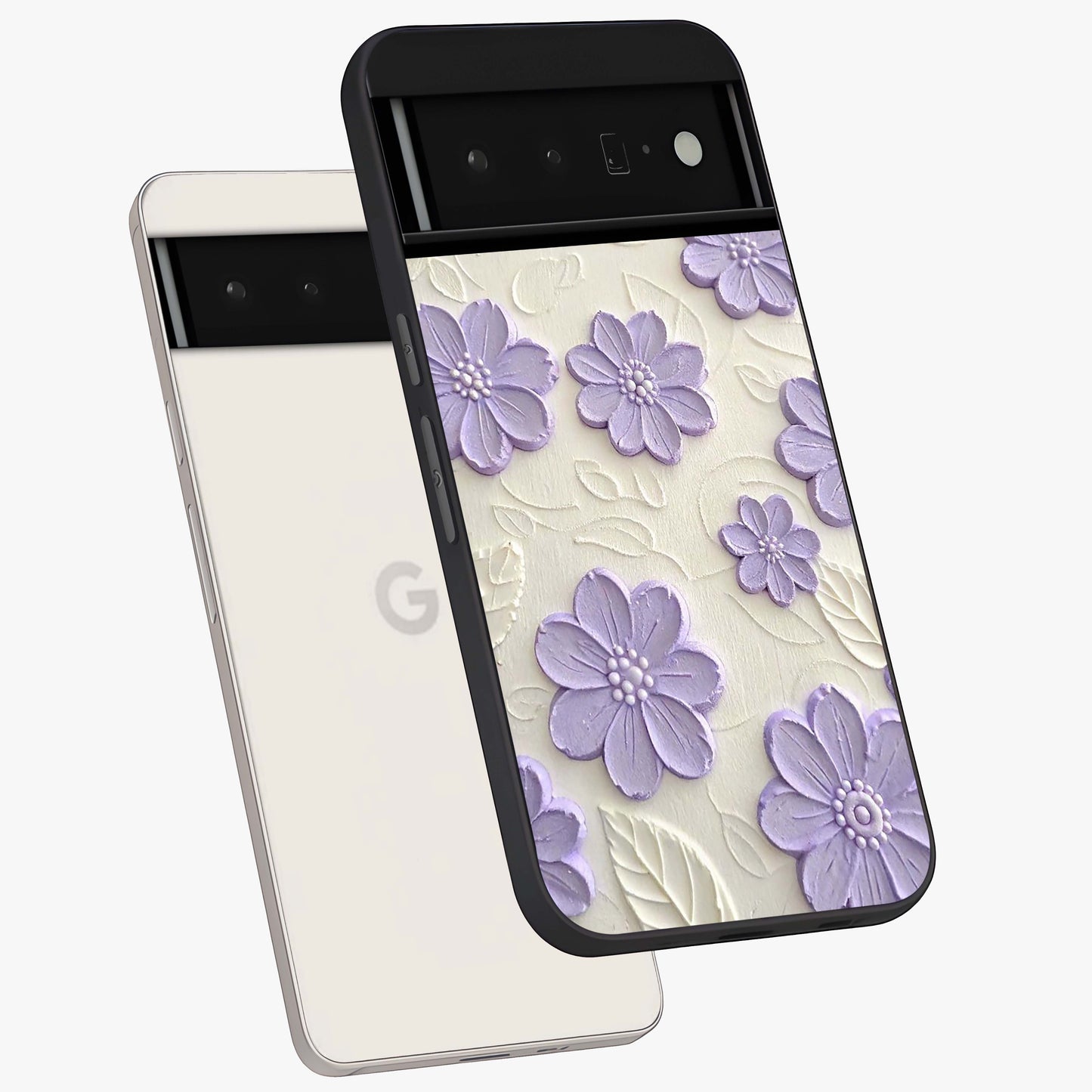 Floral Wall Art With Purple Flowers Glass Case displayed in angled mockup highlighting vibrant purple floral illustration with artistic aesthetic.