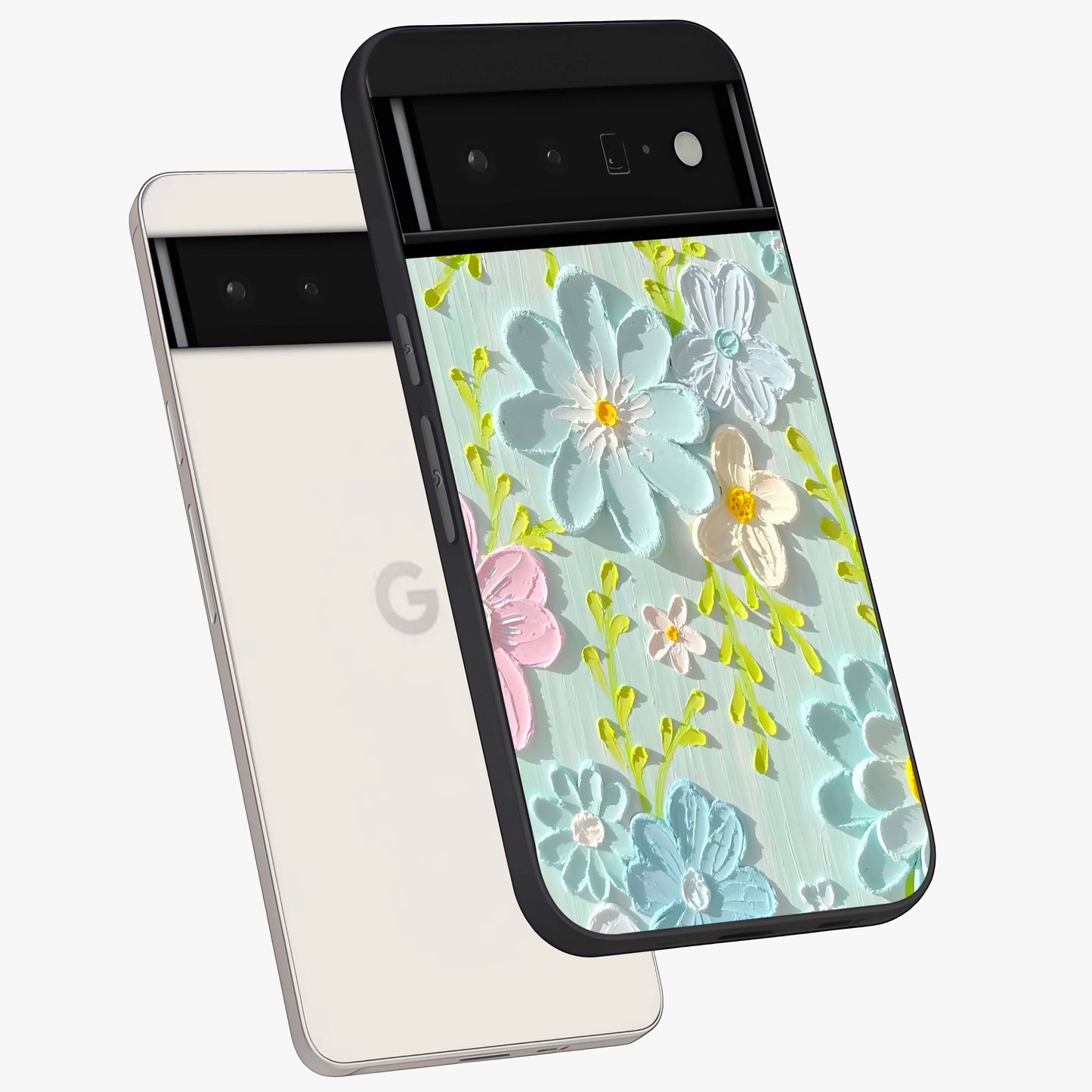 Frosted Petal Garden Glass Case displayed in angled mockup highlighting delicate flower petal design with calm garden aesthetic.