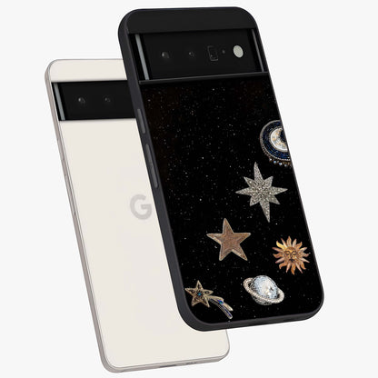 Galactic Charm Glow Glass Case displayed in angled mockup highlighting luminous galaxy inspired design with dreamy aesthetic.