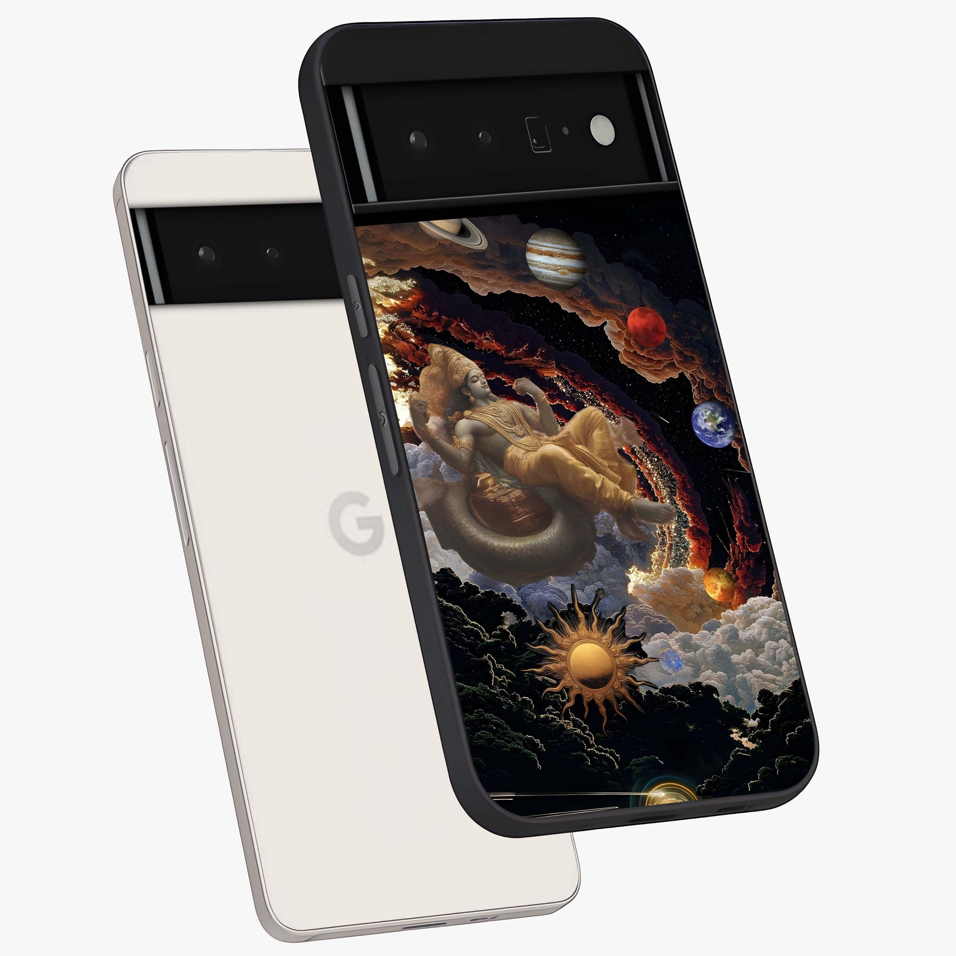 Galactic Divine God Glass Case displayed in angled mockup highlighting powerful celestial deity illustration with galactic aesthetic.