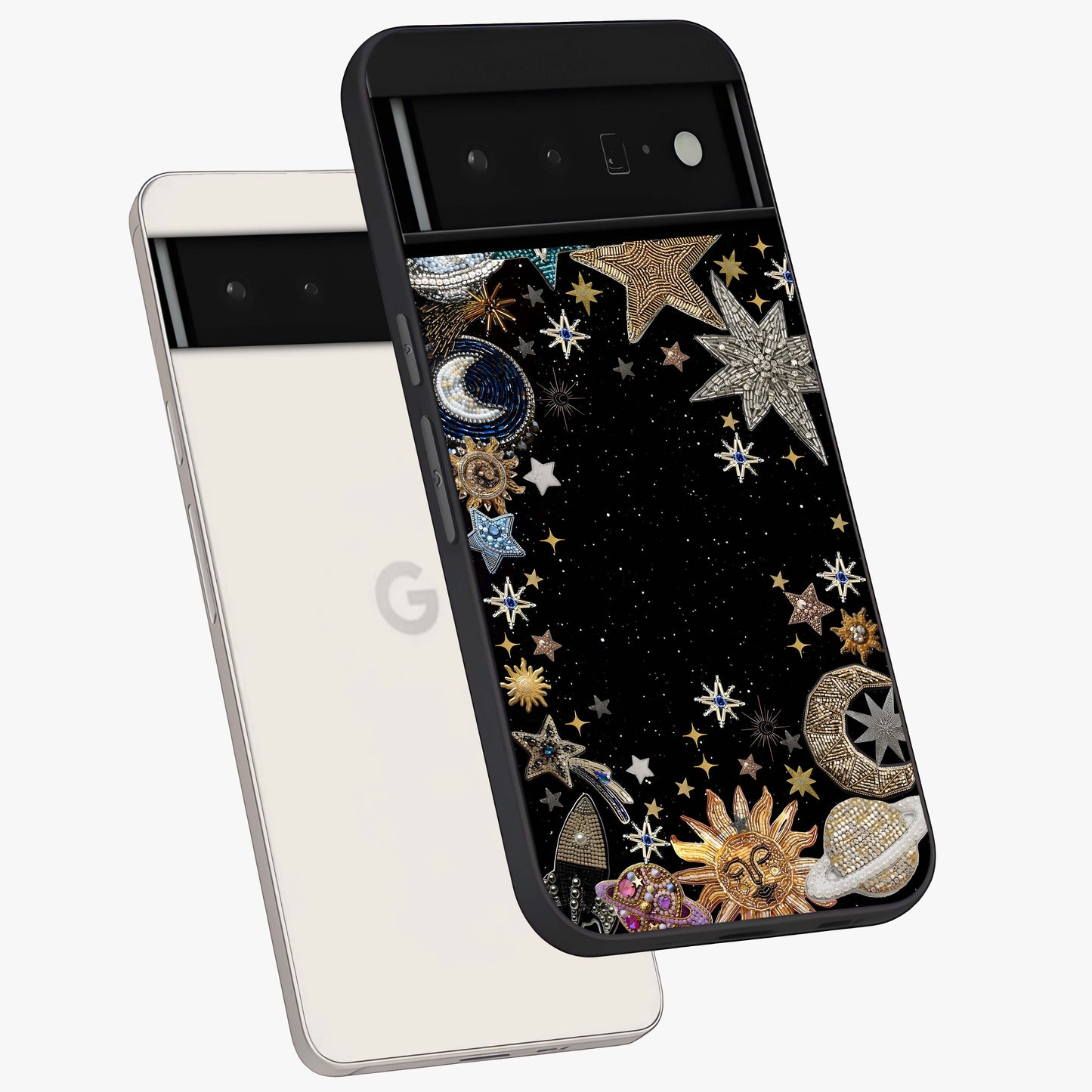 Galactic Jewel Stars Glass Case displayed in angled mockup highlighting shining celestial star design with cosmic aesthetic style.