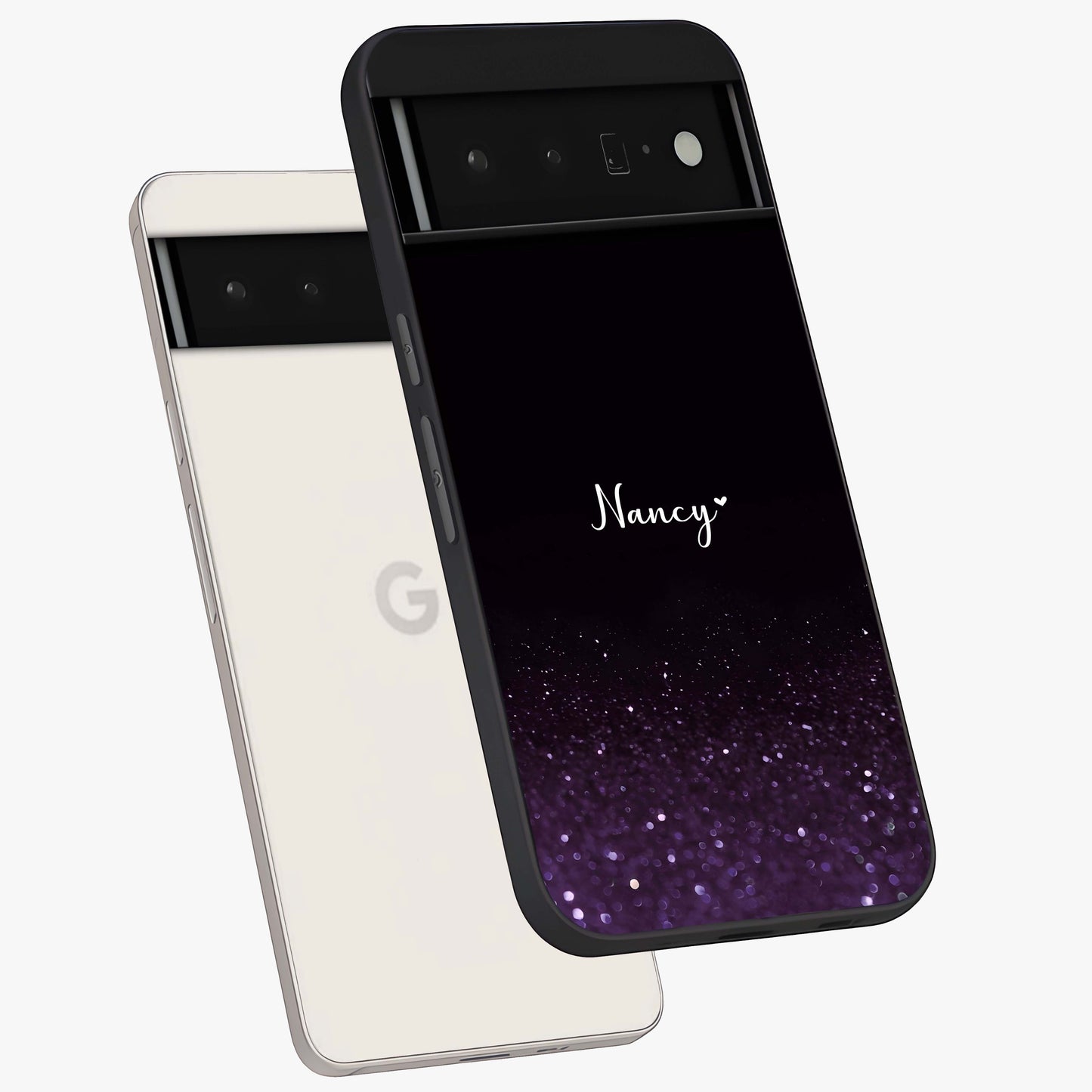 Glittery Purple Bokeh Custom Name Glass Case displayed in angled mockup highlighting glitter bokeh pattern with custom name feature.