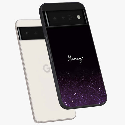Glittery Purple Bokeh Custom Name Glass Case displayed in angled mockup highlighting glitter bokeh pattern with custom name feature.