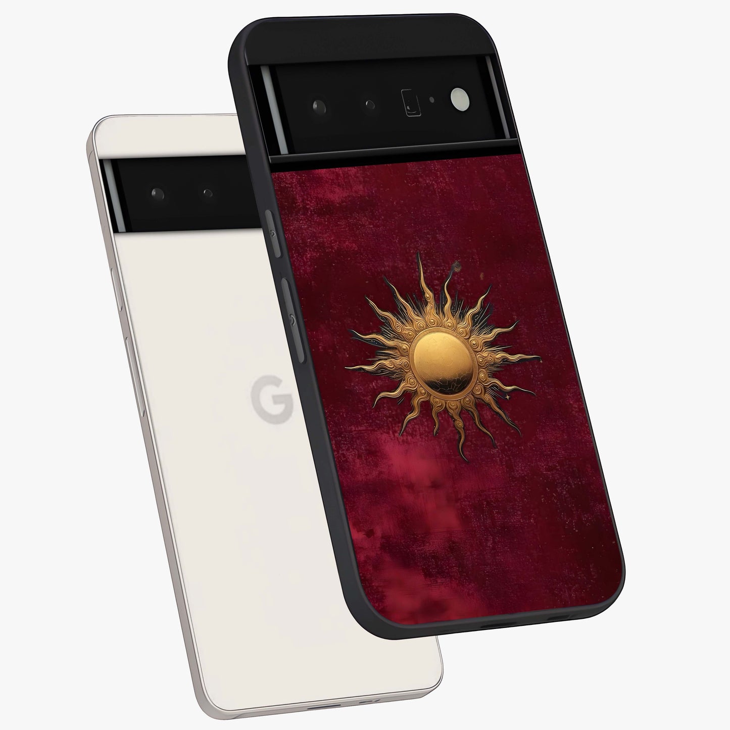 Gold Sun Blush Glass Case displayed in angled mockup highlighting radiant sun design with warm golden aesthetic.