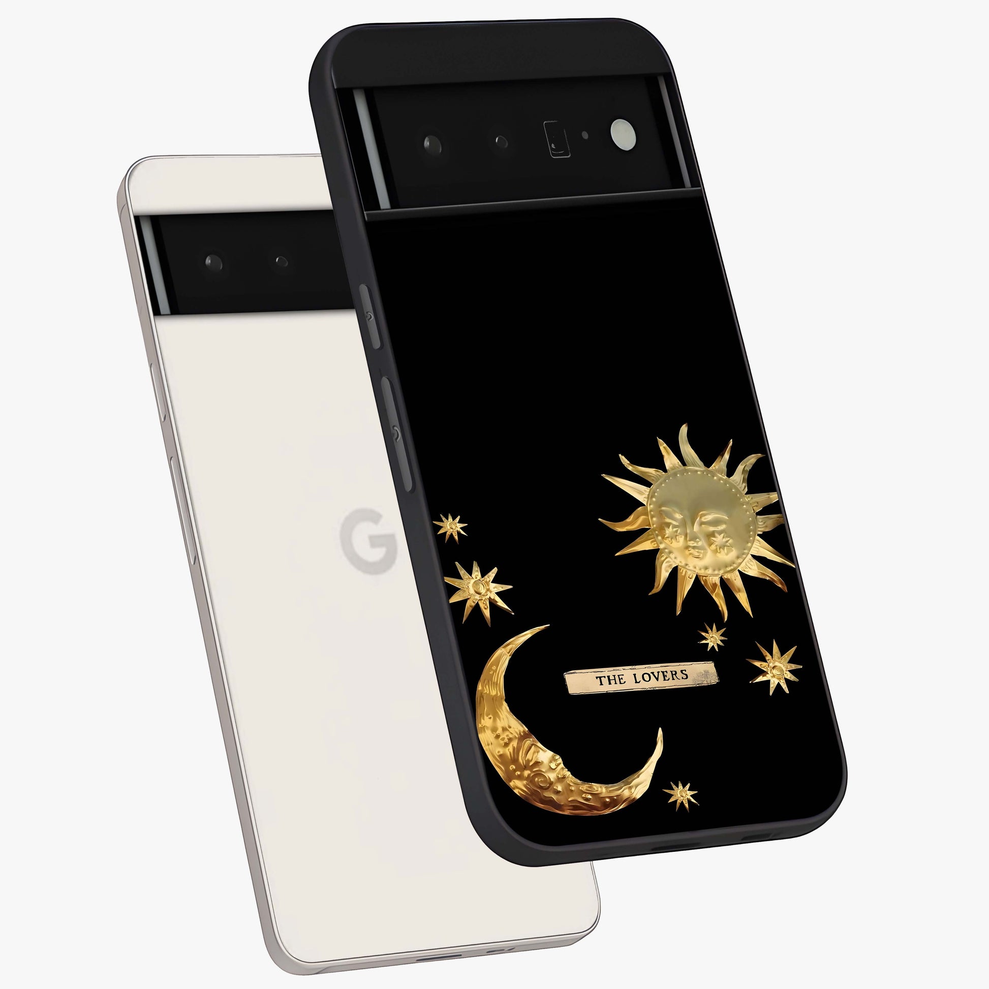 Golden Sun Minimalism Glass Case displayed in angled mockup highlighting clean sun symbol design with modern minimal aesthetic.