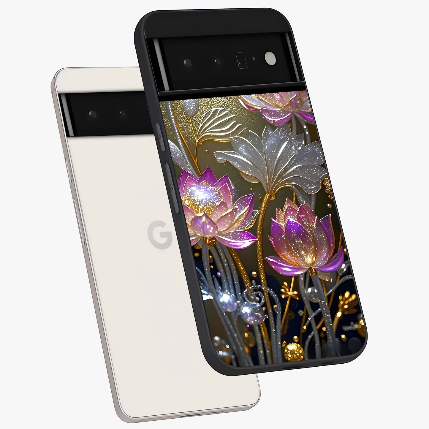 Golden Floral Majesty Glass Case displayed in angled mockup highlighting elegant flower design with royal golden aesthetic.
