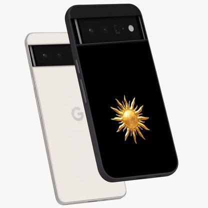 Golden Sun Minimalism Glass Case displayed in angled mockup highlighting eerie shadow illustration with gothic aesthetic.