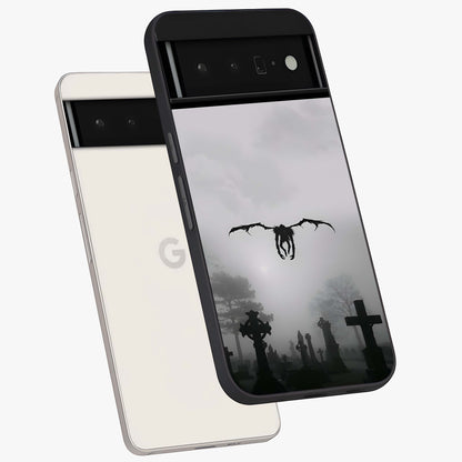 Graveyard Shadow Descent Glass Case displayed in angled mockup highlighting eerie shadow illustration with gothic aesthetic.