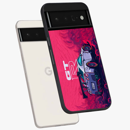 GT-R Car Pattern Glass Case displayed in angled mockup highlighting racing car graphic design with bold automotive aesthetic.