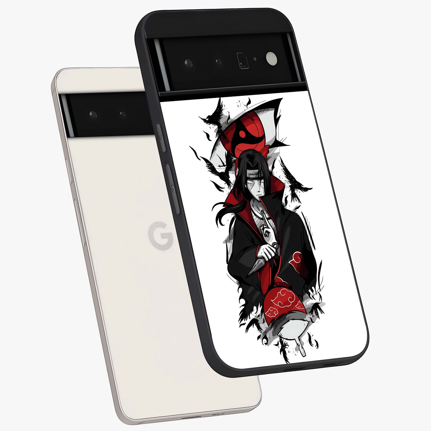 Itachi Limited Edition Naruto Anime Glass Case displayed in angled mockup highlighting dramatic anime illustration with bold action aesthetic.