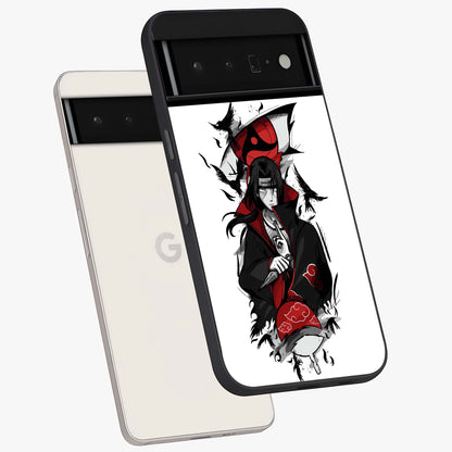 Itachi Limited Edition Naruto Anime Glass Case displayed in angled mockup highlighting dramatic anime illustration with bold action aesthetic.