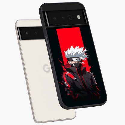 Kakashi Scarlet Shadow Glass Case displayed in angled mockup highlighting dramatic ninja illustration with scarlet themed aesthetic.