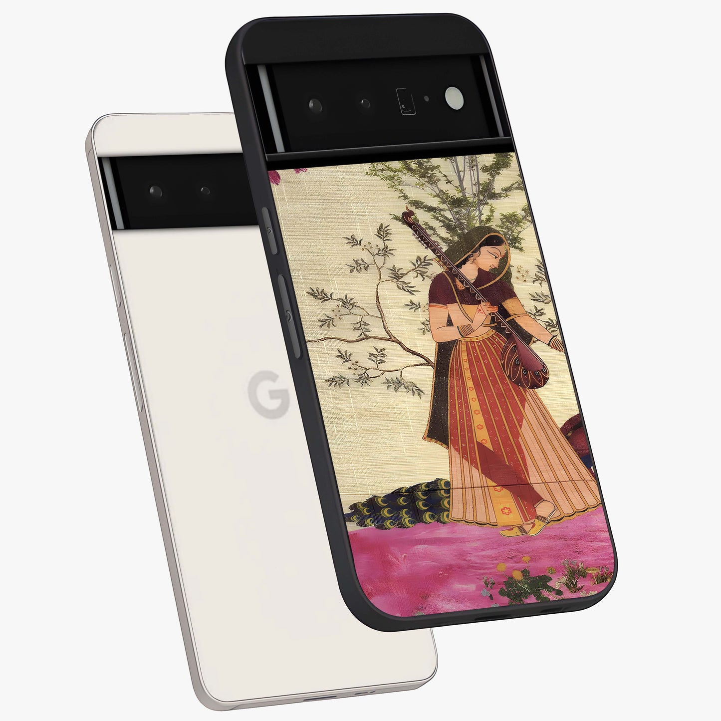 Lady With Veena Art Glass Case displayed in angled mockup highlighting graceful musical illustration with cultural artistic aesthetic.