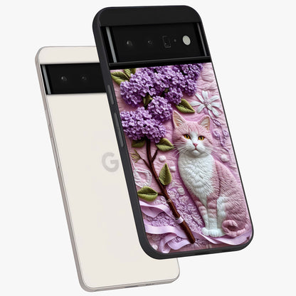 Lavender Cat Whimsy Glass Case displayed in angled mockup highlighting playful feline illustration with pastel lavender aesthetic.