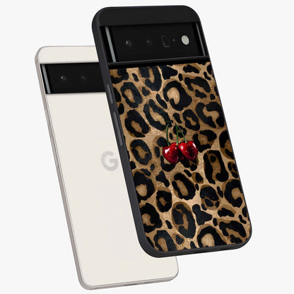 Leopard Wild Cherry Glass Case displayed in angled mockup highlighting bold animal print design with playful cherry aesthetic.